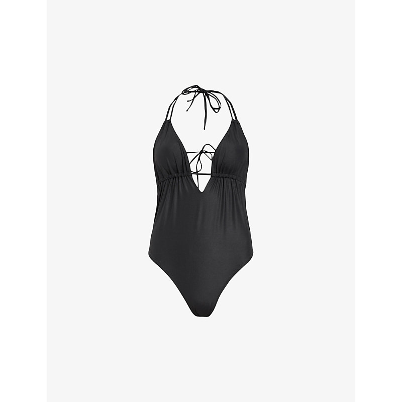 Shop Allsaints Women's Black Shine Erica Cut-out Halter-neck Stretch-woven Swimsuit