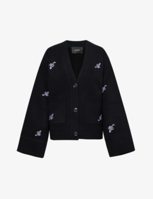 Shop Axel Arigato Women's Black Archive Monogram-embroidered Relaxed-fit Wool-knit Cardigan