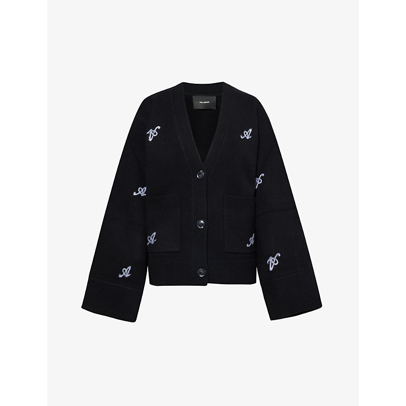Shop Axel Arigato Women's Black Archive Monogram-embroidered Relaxed-fit Wool-knit Cardigan