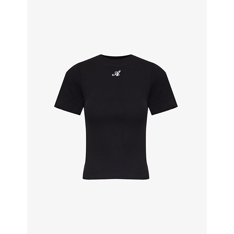 Shop Axel Arigato Womens Black Script Logo-embroidered Stretch-cotton Jersey T-shirt