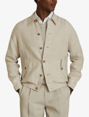 Reiss Mens Oatmeal Cadiz Elasticated-hem Linen Overshirt