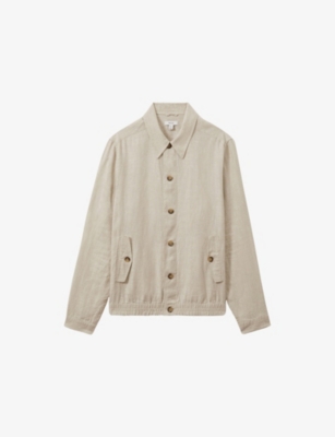 Reiss Mens Oatmeal Cadiz Elasticated-hem Linen Overshirt