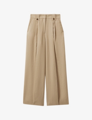 Shop Reiss Women's Light Khaki Leila Wide-leg High-rise Linen Trousers