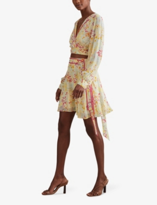 Shop Reiss Women's Pink/yellow Lyla Floral-print High-rise Woven Mini Skirt