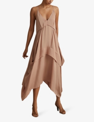 Shop Reiss Women's Nude Demi V-neck Side-pleat Woven Midi Dress