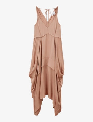 Shop Reiss Demi V-neck Side-pleat Woven Midi Dress In Nude