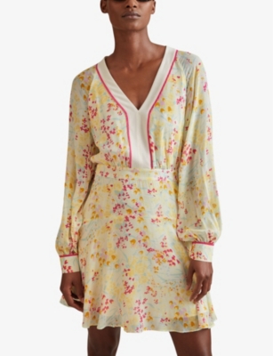 Shop Reiss Women's Pink/yellow Molly Buttercup-print V-neck Woven Mini Dress