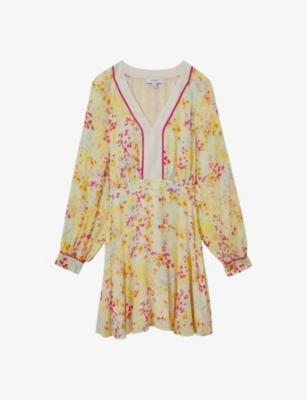 Shop Reiss Molly Buttercup-print V-neck Woven Mini Dress In Pink/yellow