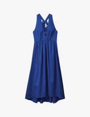 Shop Reiss Yana V-neck Cut-out Stretch-cotton Midi Dress In Cobalt Blue