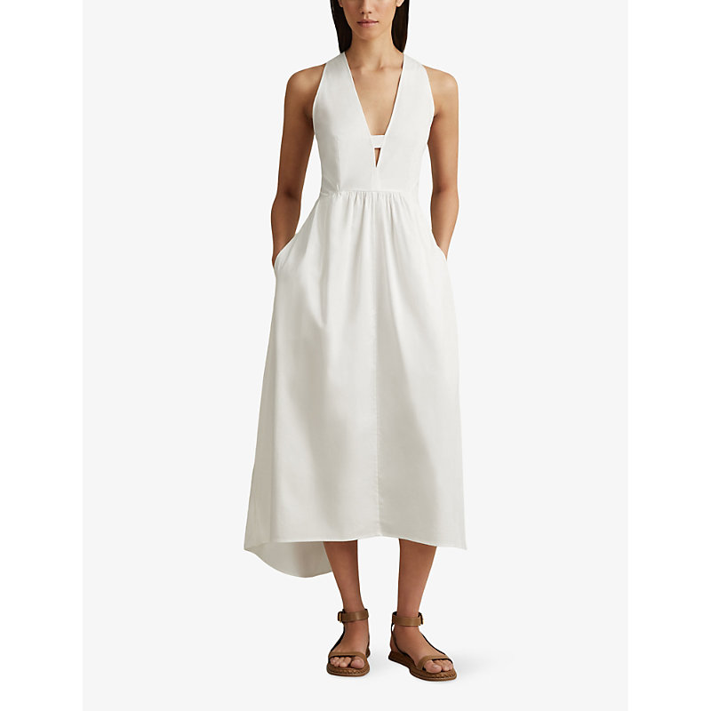 Shop Reiss Yana V-neck Cut-out Stretch-cotton Midi Dress In White