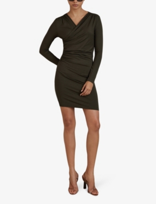 Shop Reiss Women's Khaki Lisa Ruched Long-sleeved Jersey Mini Dress