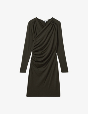Shop Reiss Women's Khaki Lisa Ruched Long-sleeved Jersey Mini Dress