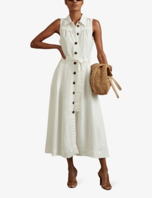 Heidi button-down belted-waist woven midi dress