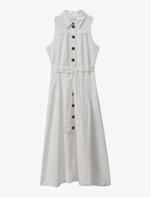 Shop Reiss Women's White Heidi Button-down Belted-waist Woven Midi Dress