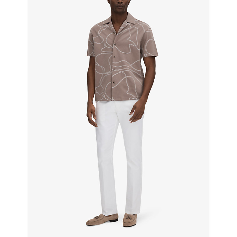 Shop Reiss Men's Taupe Menton Swirl-embroidered Relaxed-fit Cotton Shirt