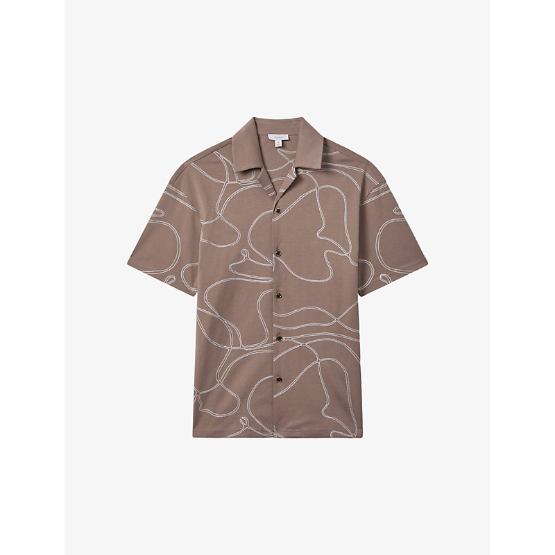 Shop Reiss Men's Taupe Menton Swirl-embroidered Relaxed-fit Cotton Shirt