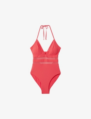 Shop Reiss Women's Coral Hope Mesh-insert Tie-neck Stretch-cotton Swimsuit