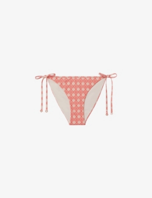 Shop Reiss Women's Cream/coral Kallie Fern-print Side-tie Stretch-woven Bikini Bottoms
