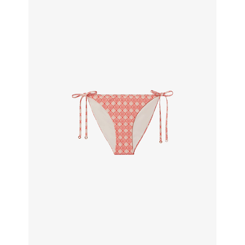 Shop Reiss Kallie Fern-print Side-tie Stretch-woven Bikini Bottoms In Cream/coral