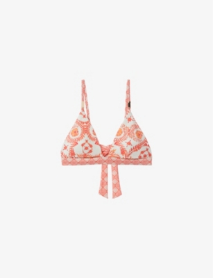 Shop Reiss Women's Cream/coral Kallie Fern-print Tie-back Stretch-woven Bikini Top
