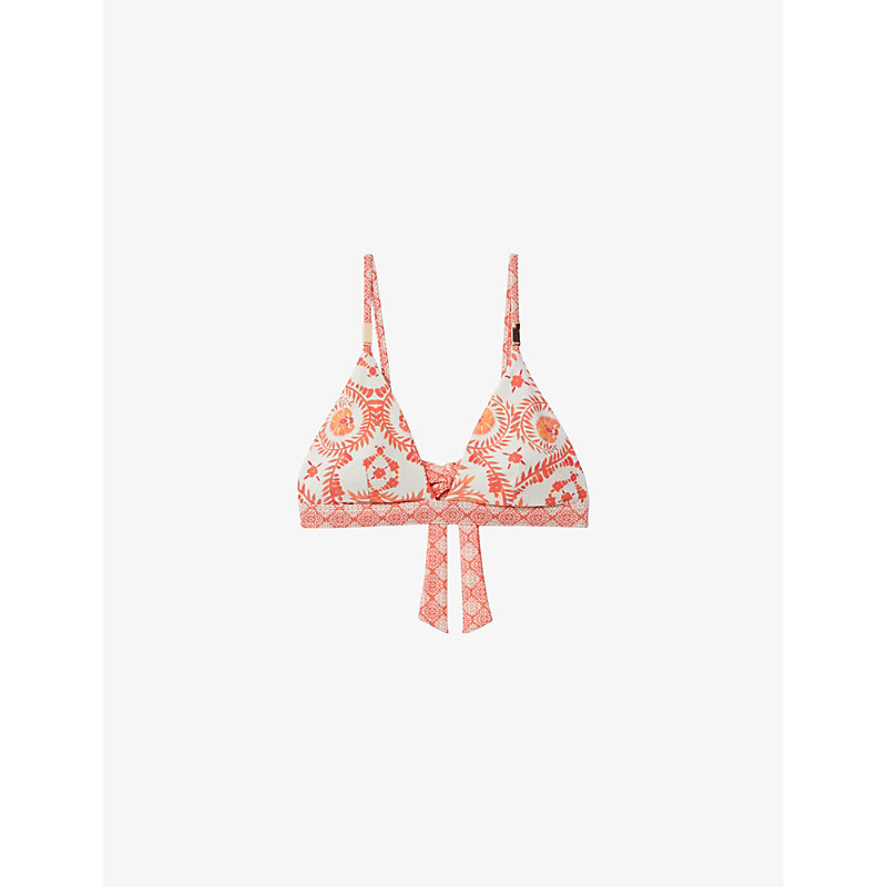 Shop Reiss Kallie Fern-print Tie-back Stretch-woven Bikini Top In Cream/coral