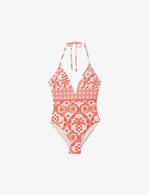 REISS: Leonora fern-print plunge-neck stretch-woven swimsuit