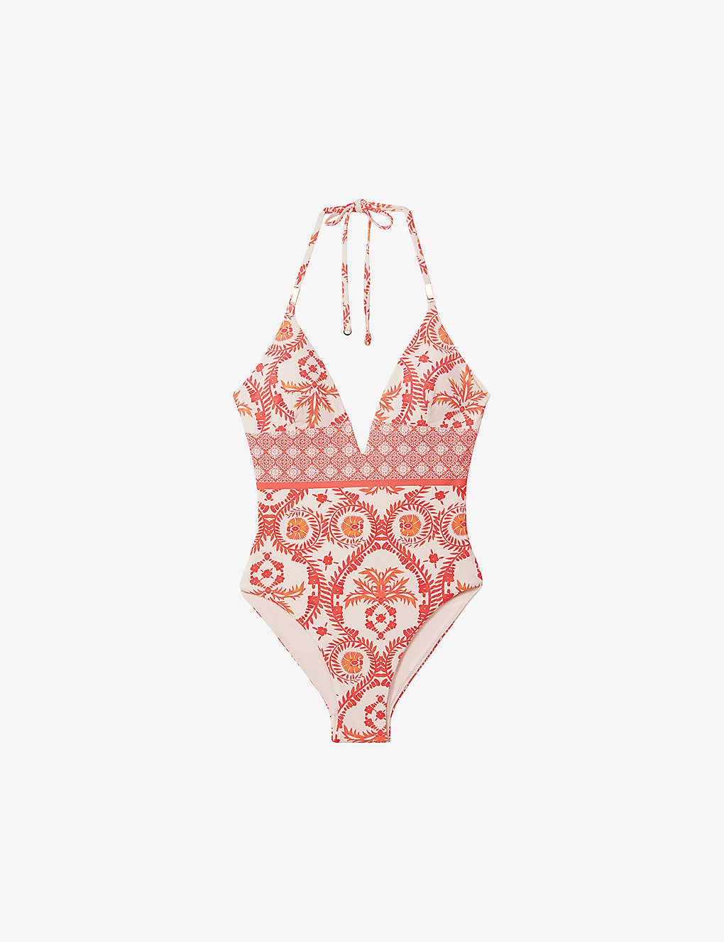Shop Reiss Women's Cream/coral Leonora Fern-print Plunge-neck Stretch-woven Swimsuit