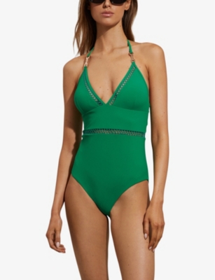 Shop Reiss Women's Green Rita Lattice-trim Halter-neck Stretch-cotton Swimsuit