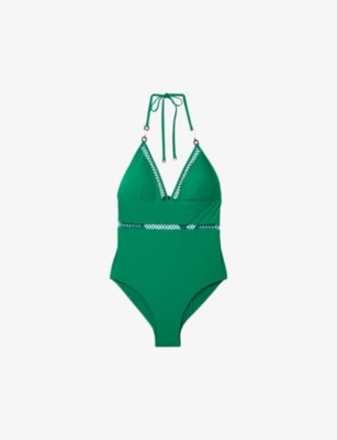Shop Reiss Women's Green Rita Lattice-trim Halter-neck Stretch-cotton Swimsuit