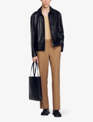 SANDRO: Pointed-Collar Zip-Up Leather Jacket