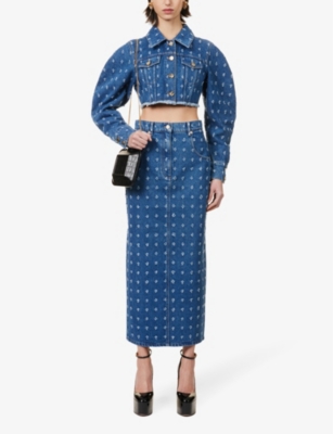 Shop Nina Ricci Women's Bleu Fonce Distressed-pattern Cropped Denim Jacket In Blue