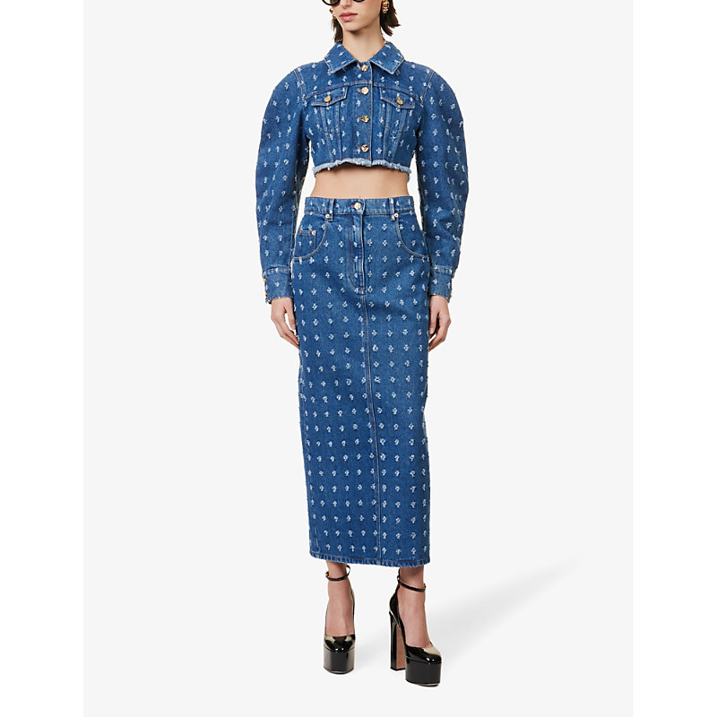 Shop Nina Ricci Distressed-pattern Slim-fit Denim Maxi Skirt In Blue