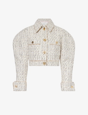 Shop Nina Ricci Exaggerated-sleeve Tweed-textured Cotton-blend Jacket In Beige Clair