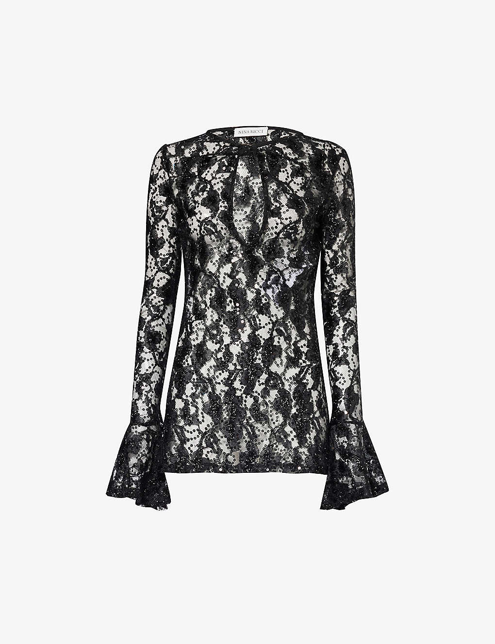 Shop Nina Ricci Sequin-embellished Bell-sleeve Lace Top In Black