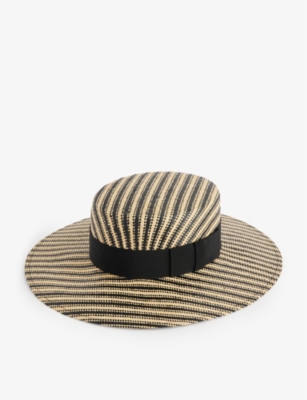 Shop Nina Ricci Canotier Bow-embellished Woven Hat In Sand/black