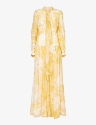 Shop Erdem Floral-pattern High-neck Silk Gown In Camomile