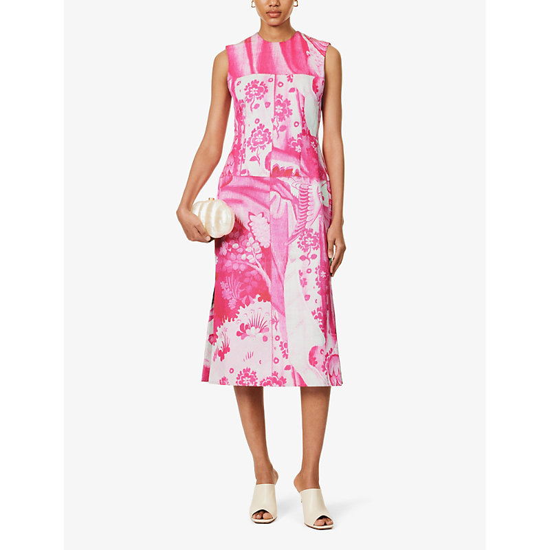 Shop Erdem Floral-pattern Sleeveless Cotton-blend Midi Dress In Cerise