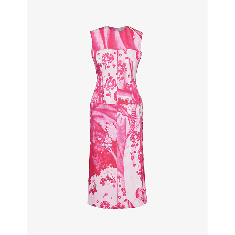 Shop Erdem Floral-pattern Sleeveless Cotton-blend Midi Dress In Cerise