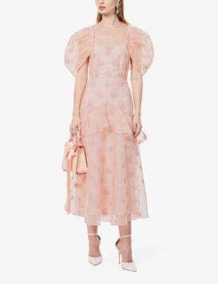 Shop Erdem Womens Ballet Pink Floral-embroidered Puff-sleeve Silk Maxi Dress