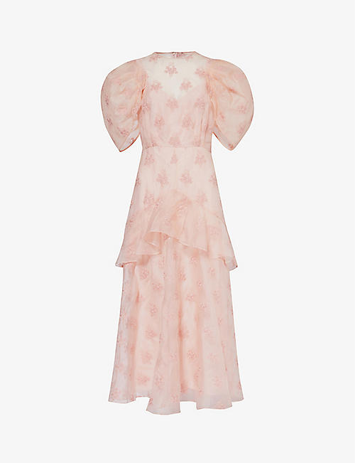 ERDEM: Floral-embroidered puff-sleeve silk maxi dress