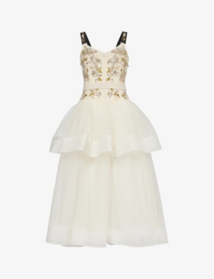 ERDEM: Bead-embellished tiered-hem cotton midi dress