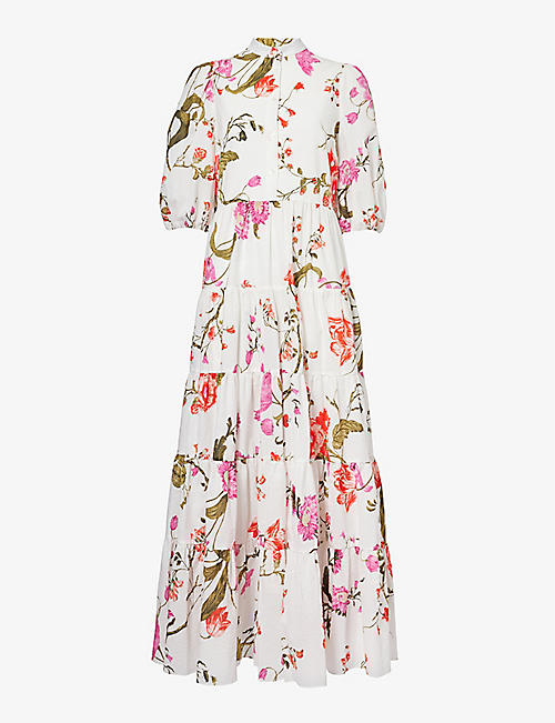 ERDEM: Floral-pattern puffed-shoulders cotton maxi dress