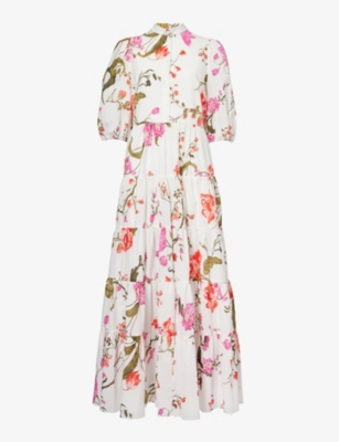 Shop Erdem Womens White Floral-pattern Puffed-shoulders Cotton Maxi Dress