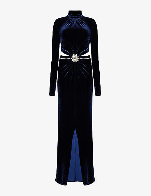 RABANNE: Crystal-embellished cut-out velvet maxi dress