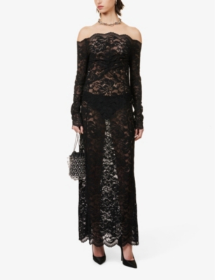 Shop Rabanne Women's Black Robe Floral-embroidered Stretch-lace Maxi Dress