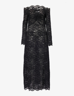 Shop Rabanne Women's Black Robe Floral-embroidered Stretch-lace Maxi Dress