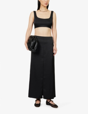Shop The Frankie Shop Women's Black Kacey Mid-rise Split-hem Satin Midi Skirt
