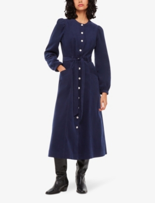Shop Whistles Angelica Belted Cotton Corduroy Midi Dress In Navy