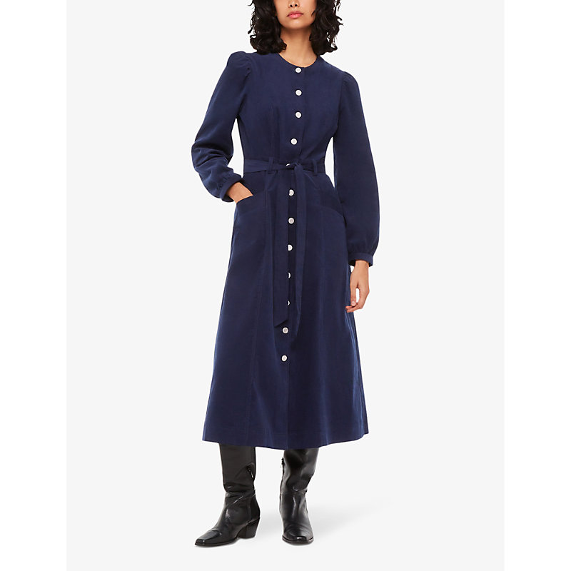 Shop Whistles Angelica Belted Cotton Corduroy Midi Dress In Navy
