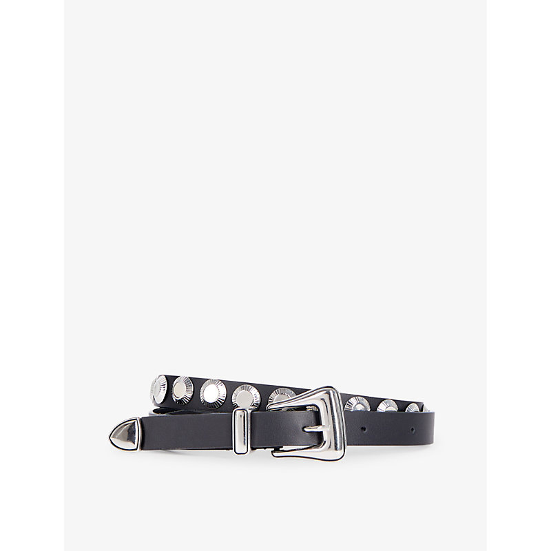 The Kooples Womens Black Studded Thin Leather Belt